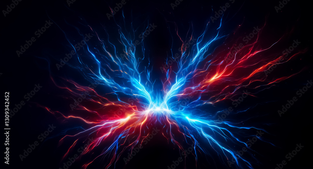 Poster vibrant energy streams in red and blue radiate on a dark backdrop, creating a dynamic, abstract desi