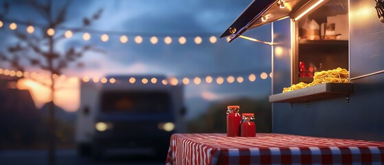 Charming food stall with glowing lights at sunset, offering delicious snacks in a cozy atmosphere.