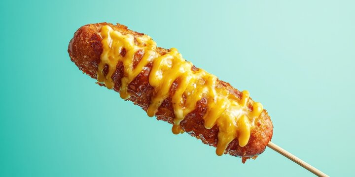 Korean-style corn dog with crispy batter and cheese pull floating on a radiant cyan background