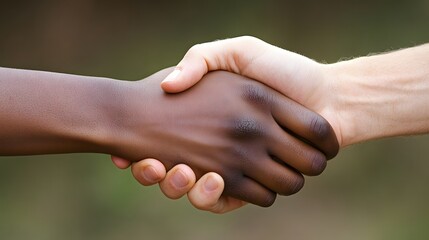 A close-up capturing an interracial handshake, symbolizing unity, partnership, and cultural collaboration.