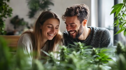 Fototapeta premium Smiling couple tending to indoor plants, cultivating a vibrant, green space. Shared joy in nurturing nature.