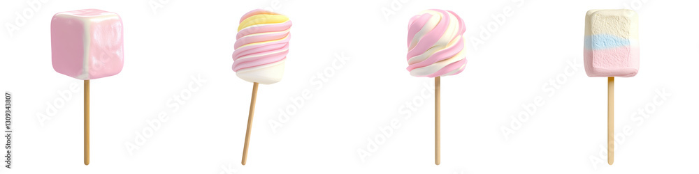 Poster assorted marshmallows on sticks with colorful swirls and patterns