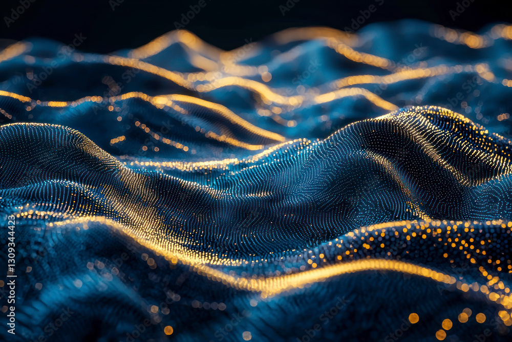 Poster vertical image of horizontal lines of blue particles and undulating 3d landscape on black background