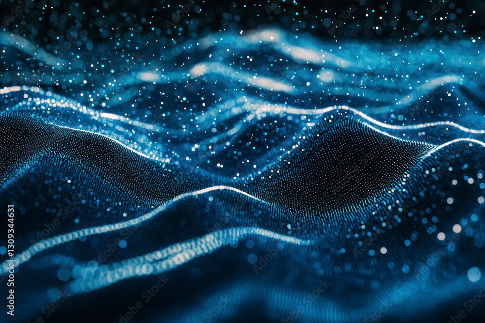 Poster vertical image of horizontal lines of blue particles and undulating 3d landscape on black background