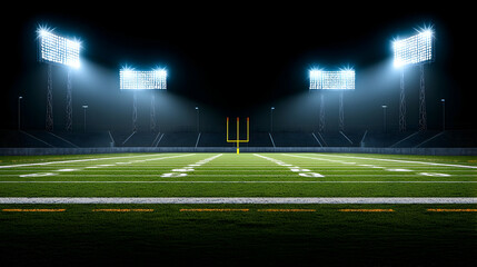 Empty American Football Stadium Field at Night Under Bright Spotlight with Green Grass and Yellow Goal Post