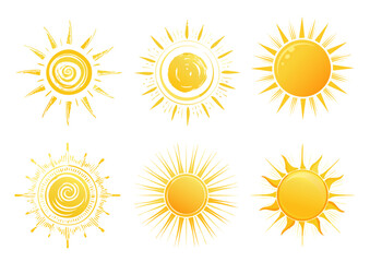 Ensemble d’icônes de soleil jaune, rayonnement solaire et éclat du soleil, lever ou coucher du soleil. Cercle décoratif plein et demi-soleil avec lumière du soleil. Énergie solaire chaude 