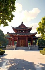 Fototapeta premium Buddhist Temple. Vesak in the morning with soft natural light of the empty courtyard