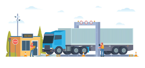 Weigh Station with Truck and Officer Inspection. Flat Vector Illustration. Weighing control platform
