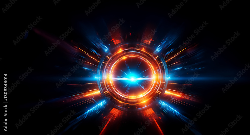 Aufkleber Abstract glowing circular shape with radiating beams of blue and orange light on a dark background. Futuristic and energetic design.
