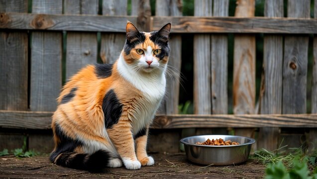 A calico cat relaxing by its food bowl