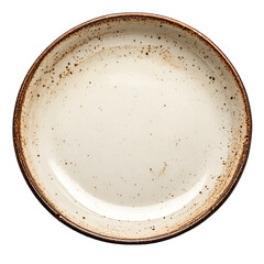 A round ceramic bowl with a white interior and brown speckled rim.
