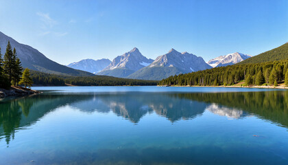 Tranquil mountain lake reflecting peaks under a clear blue sky, serenity