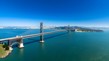Expansive Panoramic View Of A Suspension Bridge Spanning Azure Waters Under A Clear Blue Sky