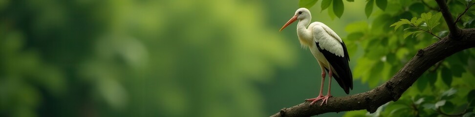 Obraz premium White stork perched on tree branch, elegant pose, fauna, summer, zoology