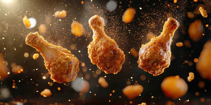 Levitating fried chicken drumsticks with flying golden breadcrumbs and dipping sauce splashes