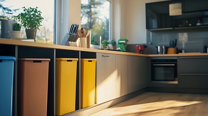 Bright modern kitchen with colorful recycling bins under the counter, promoting eco-friendly living.