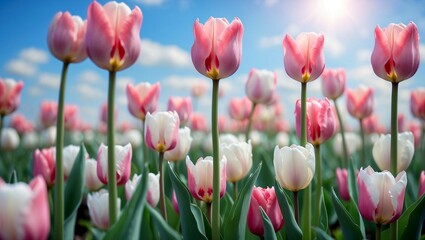 A field of delicate pink and white tulips