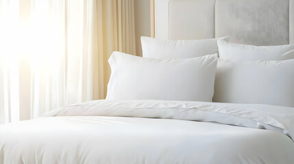 Elegant White Bedroom Interior with Soft Pillows and Bright Daylight Through Window