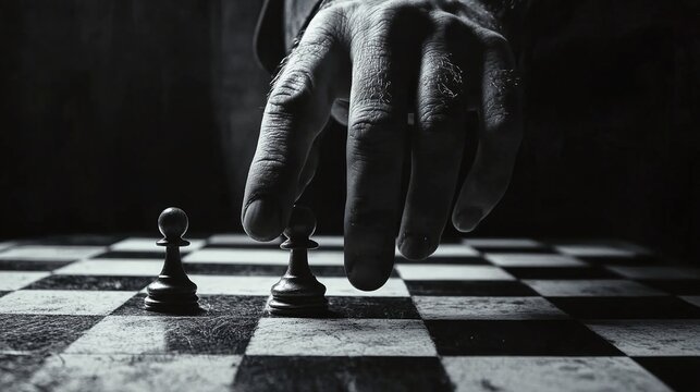 hand making precise chess move close-up highlighting strategic planning tactical skill decision-making intelligence and focused competitive game concept