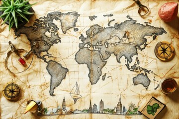 Vintage World Map on Aged Paper with Travel Accessories and Decor