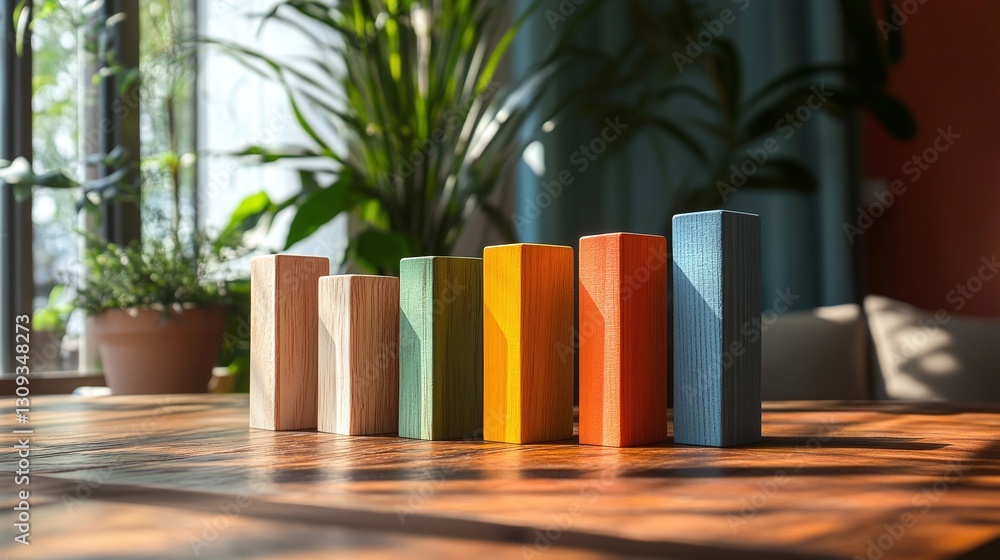 Poster colorful wooden bar graph made of blocks on table highlighting data visualization financial planning