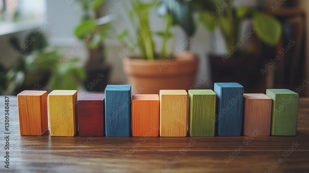 Poster colorful wooden bar graph made of blocks on table highlighting data visualization financial planning