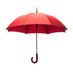The image features an open red umbrella with a hook handle and wooden tip.
