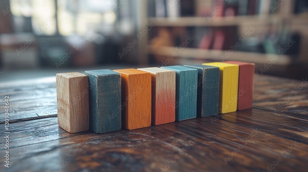 Poster colorful wooden bar graph made of blocks on table highlighting data visualization financial planning