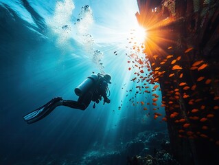 Exploring vibrant coral reefs while diving in crystal clear waters during a serene sunlit morning. Generative AI