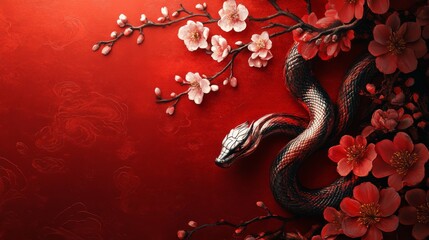 Obraz premium Black Snake Coiled Among Red Cherry Blossoms on Red Background