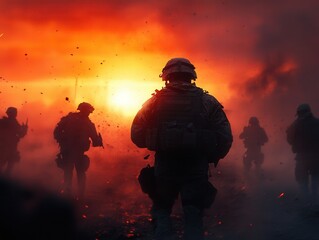 Fototapeta premium Amidst the chaos, silhouettes of soldiers advance toward a burning horizon, forging ahead with courage and resolve in a tense landscape. Generative AI