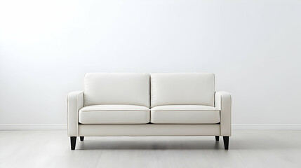 White Leather Sofa In Front Of A White Wall With Wooden Accents and Black Legs