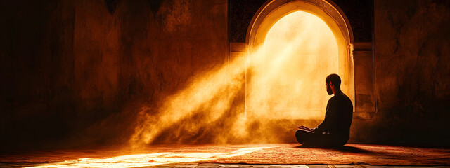 A man praying in the mosque, illuminated by light rays from an arched window above him
