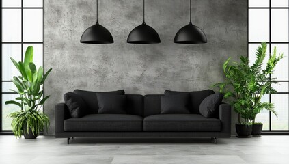 Modern black sofa in a minimalist concrete room with plants and pendant lights