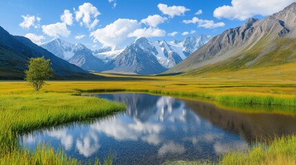 Naklejka premium Serene Mountain Landscape with Reflective Lake and Lush Greenery under Clear Blue Sky