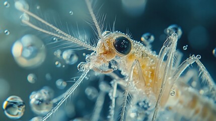 mosquito larva detailed in water closeup transparent body fine hairs and bubbles showing aquatic life biology research microbiology and environmental insect study