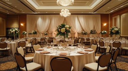Formal banquet hall ready for a corporate conference, round tables with fine china, elegant drapes, and professional event setup