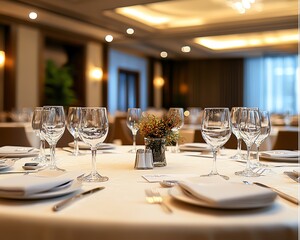 Grand conference event in an elegant banquet hall, round tables with crystal glassware, soft lighting, and a professional yet stylish design