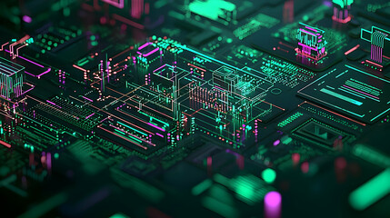 Obraz premium Abstract Digital Circuit Board With Green And Pink Neon Lights Displaying Data And Connections