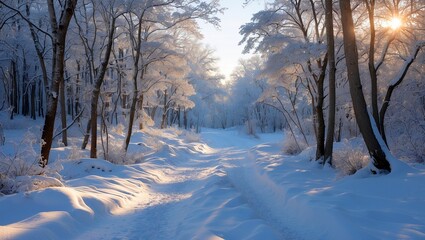 A snow covered path through a serene winter forest
