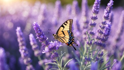A swallowtail butterfly on lavender in sunlit field