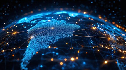 illuminated virtual globe with glowing lights highlighting continents north and south america representing technology data visualization connectivity and futuristic communication