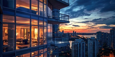 Fototapeta premium Luxury penthouse tower, twilight reflections on glass