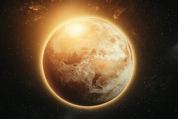 Naklejka premium Spectacular extraterrestrial mountain range beneath a glowing celestial planet in a vibrant cosmic sky, generative AI