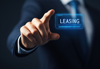 In a professional environment, a businessman dressed in a suit reaches out to select a digital leasing option relating to automobiles, showcasing technology in business