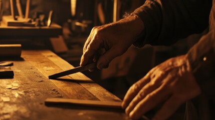 Craftsman carving wood in workshop