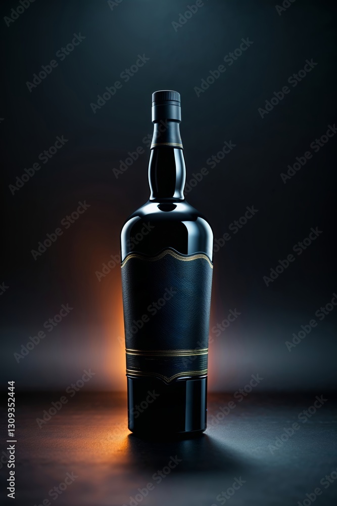 Poster elegant black bottle with leather wrap displayed in a dimly lit environment highlighting craftsmansh