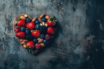 Heart-Shaped Arrangement of Fresh Berries and Nuts on Wooden Background