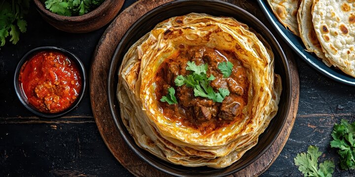 Malabar parotta, flaky layered Indian bread served with spicy beef curry