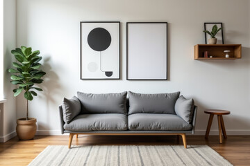 A stylish modern mid-century living room with warm tones and minimalist decor  .